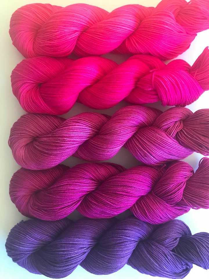 Vegan Gradient Yarn Kit - Hand Dyed - Fingering / Sock Weight - Bamboo Cotton - Pink and Purple - 320 yd Skeins - Semi Solid / Tonal Fiber