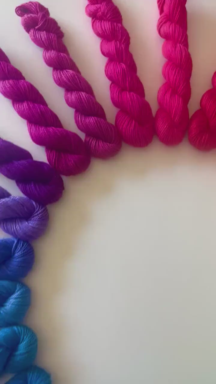 Vegan Hand Dyed 25 Color Rainbow Ultra Mini Skein Yarn Set | Fingering Wt Bamboo Cotton 50 yd Minis | 1,250 Total Yds | Semisolid Shawl Yarn