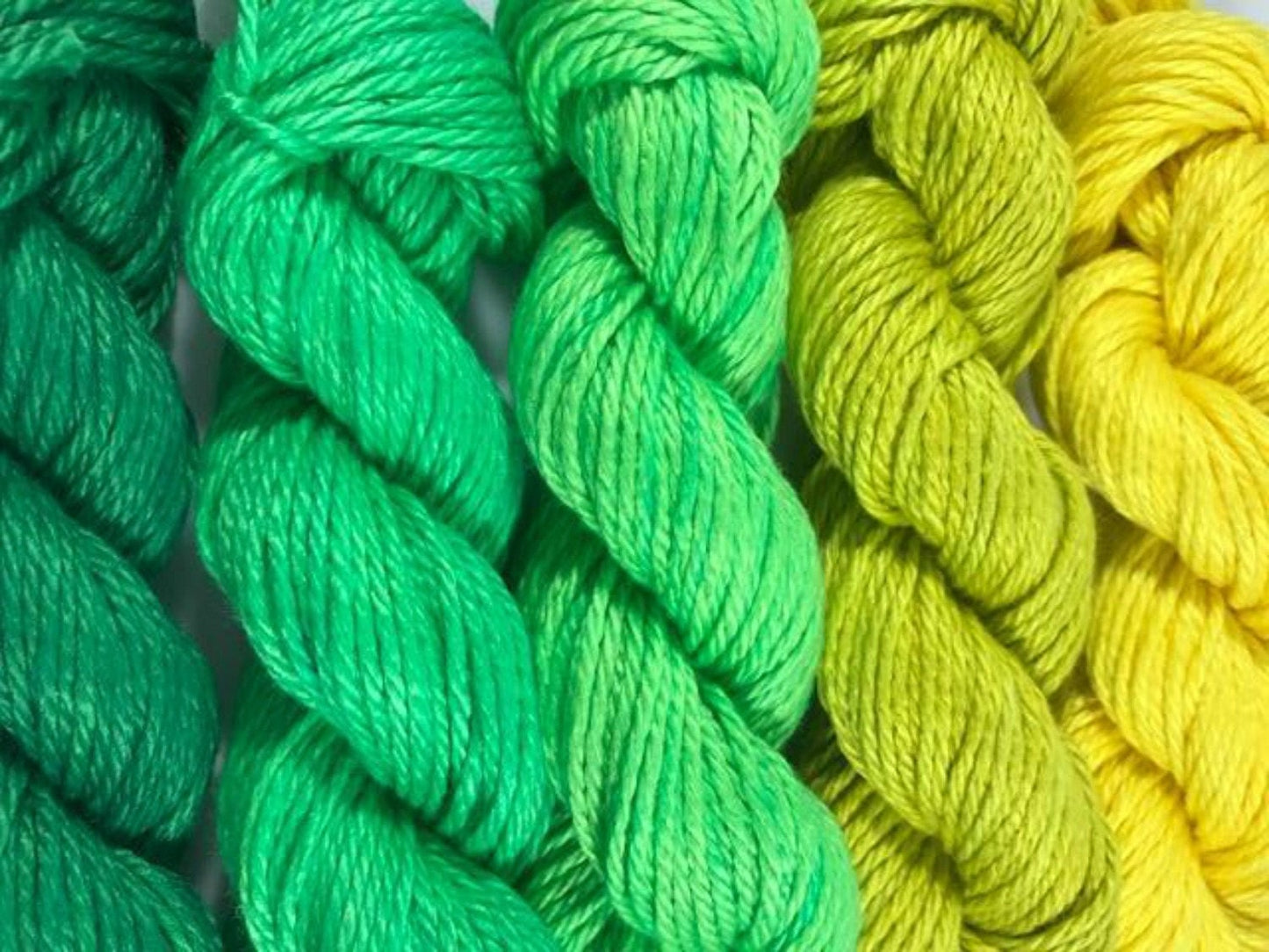 Hand Dyed Yarn - Yellow Green Gradient Kit - Semi Solids - Tonals - 3 Ply - Plant Based - DK Light Worsted - Bamboo Cotton - Soft Baby Yarn
