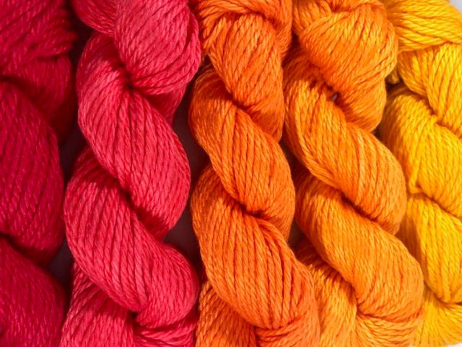 Hand Dyed Yarn - Red Orange Gradient Kit - Semi Solids - Bamboo Cotton - DK Light Worsted - Ultra Soft - Plant Based - Tonals - Indie Dyed