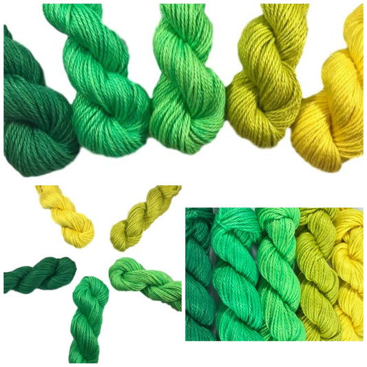 Hand Dyed Yarn - Yellow Green Gradient Kit - Semi Solids - Tonals - 3 Ply - Plant Based - DK Light Worsted - Bamboo Cotton - Soft Baby Yarn