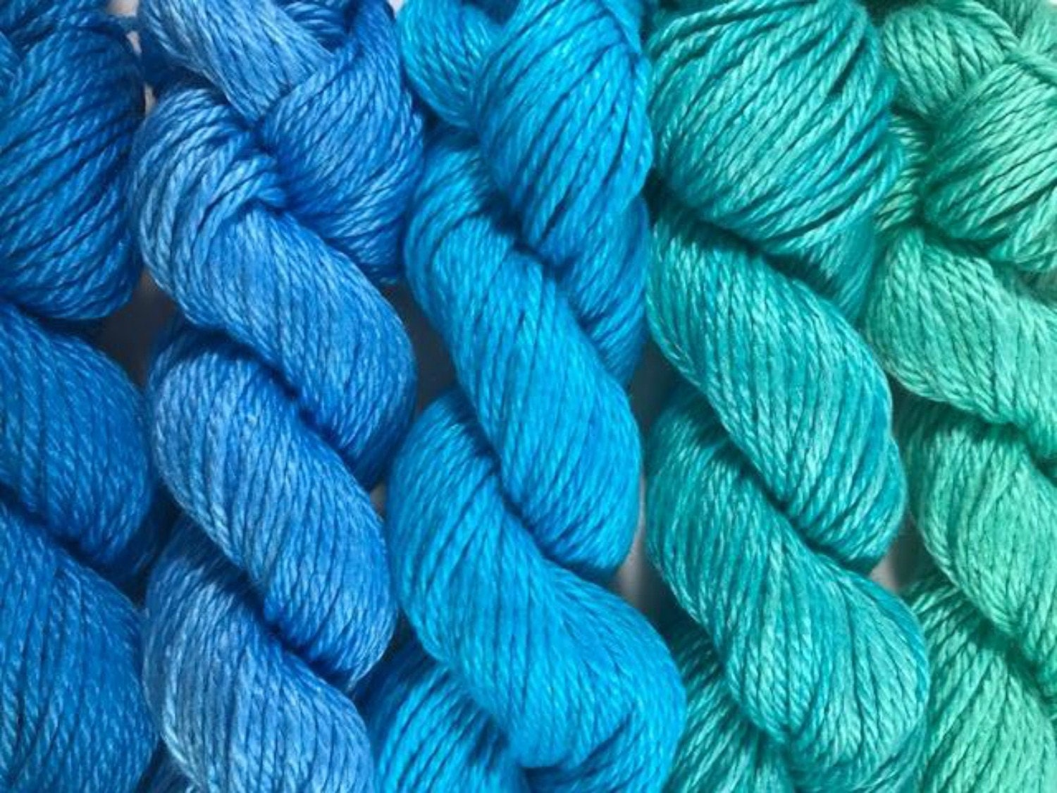 Bamboo Cotton Yarn - Hand Dyed - Teal Blue Gradient - DK Light Worsted - 3 Ply - Plant Based - Indie Dyed - Semi Solids - Vegan - Artisan