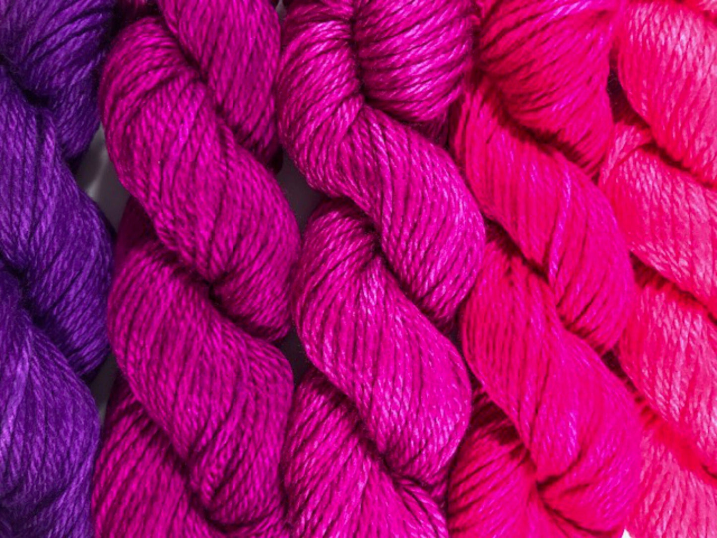 Hand Dyed Vegan Yarn Kit - Pink & Purple Gradient - Bamboo Cotton - DK Light Worsted - 3 Ply Semi Solids - Indie Dyed - Tonal Artisan Yarn