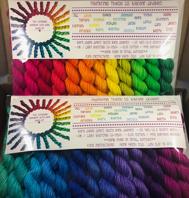 Rainbow Yarn Kit - Hand Dyed - 25 "Ultra" Mini Skeins - DK Light Worsted 3 Ply - Bright Colors - Vegan Cotton Bamboo - Semi Solid Artisan