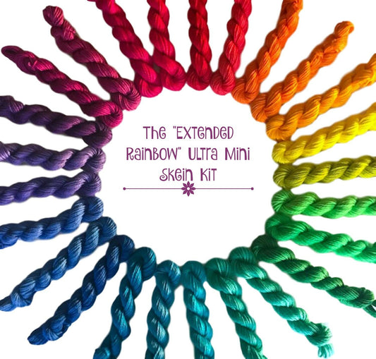 Rainbow Yarn Kit - Hand Dyed - 25 "Ultra" Mini Skeins - DK Light Worsted 3 Ply - Bright Colors - Vegan Cotton Bamboo - Semi Solid Artisan