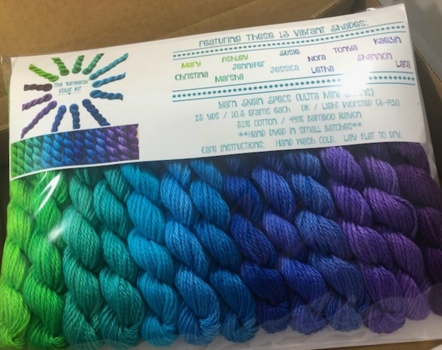 Vegan Yarn Kit - "Kimberly" - Hand Dyed Bamboo Cotton - DK Light Worsted - Gradient & Ombre - Soft 3 Ply Baby Fiber - Indie Dyed Ultra Minis