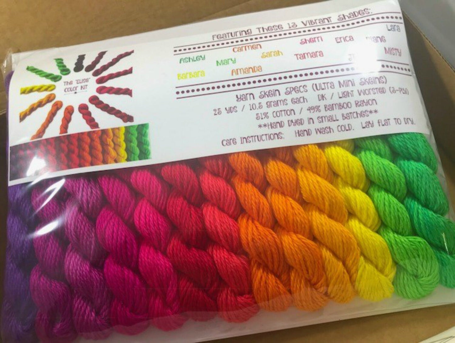 Vegan Yarn Kit - "Elise" - Hand Dyed Fiber - 13 Rainbow Colors - Bamboo Cotton - DK Light Worsted - Gradient Ultra Minis - 25 Yds Each