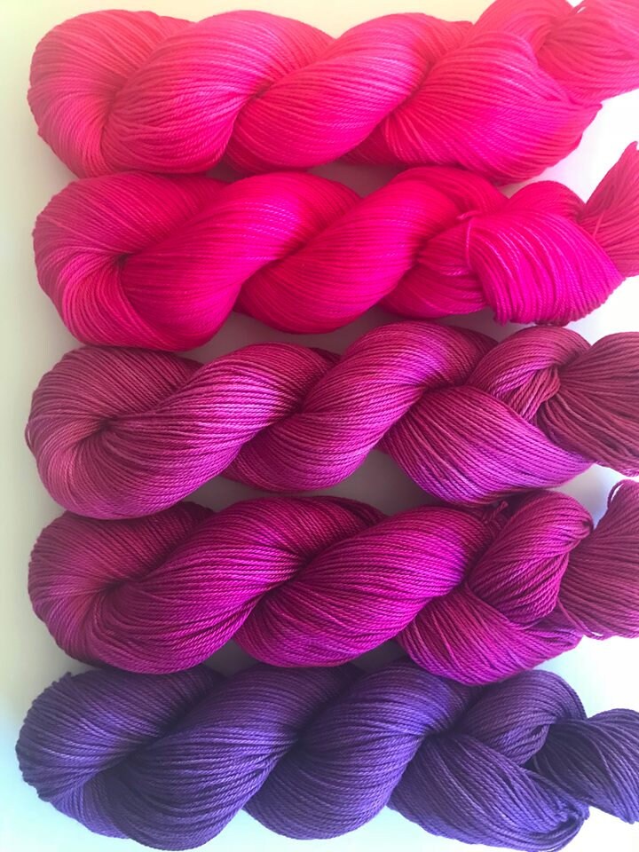 Vegan Gradient Yarn Kit - Hand Dyed - Fingering / Sock Weight - Bamboo Cotton - Pink and Purple - 320 yd Skeins  - Semi Solid / Tonal Fiber