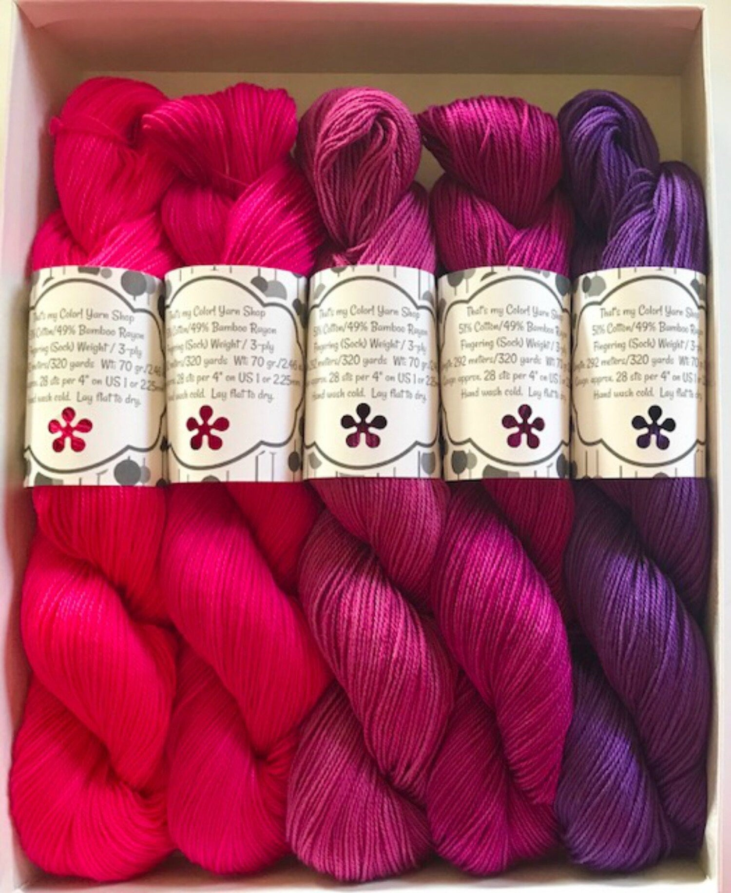 Vegan Gradient Yarn Kit - Hand Dyed - Fingering / Sock Weight - Bamboo Cotton - Pink and Purple - 320 yd Skeins  - Semi Solid / Tonal Fiber
