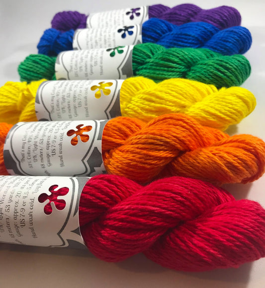 Rainbow Mini Skein Set - Hand Dyed Yarn - Semi Solid Tonal Fiber - Indie Dyed - 6 Colors - Vegan Artisan Yarn - Bamboo Cotton - Ultra Soft