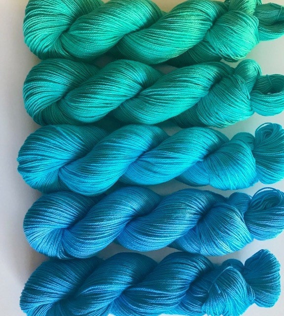 Vegan Yarn Kit - Teal Blue Gradient - Hand Dyed - Fingering / Sock Weight - Semi Solids - 5 320 yd Hanks - Soft Bamboo Cotton - Artisan Yarn