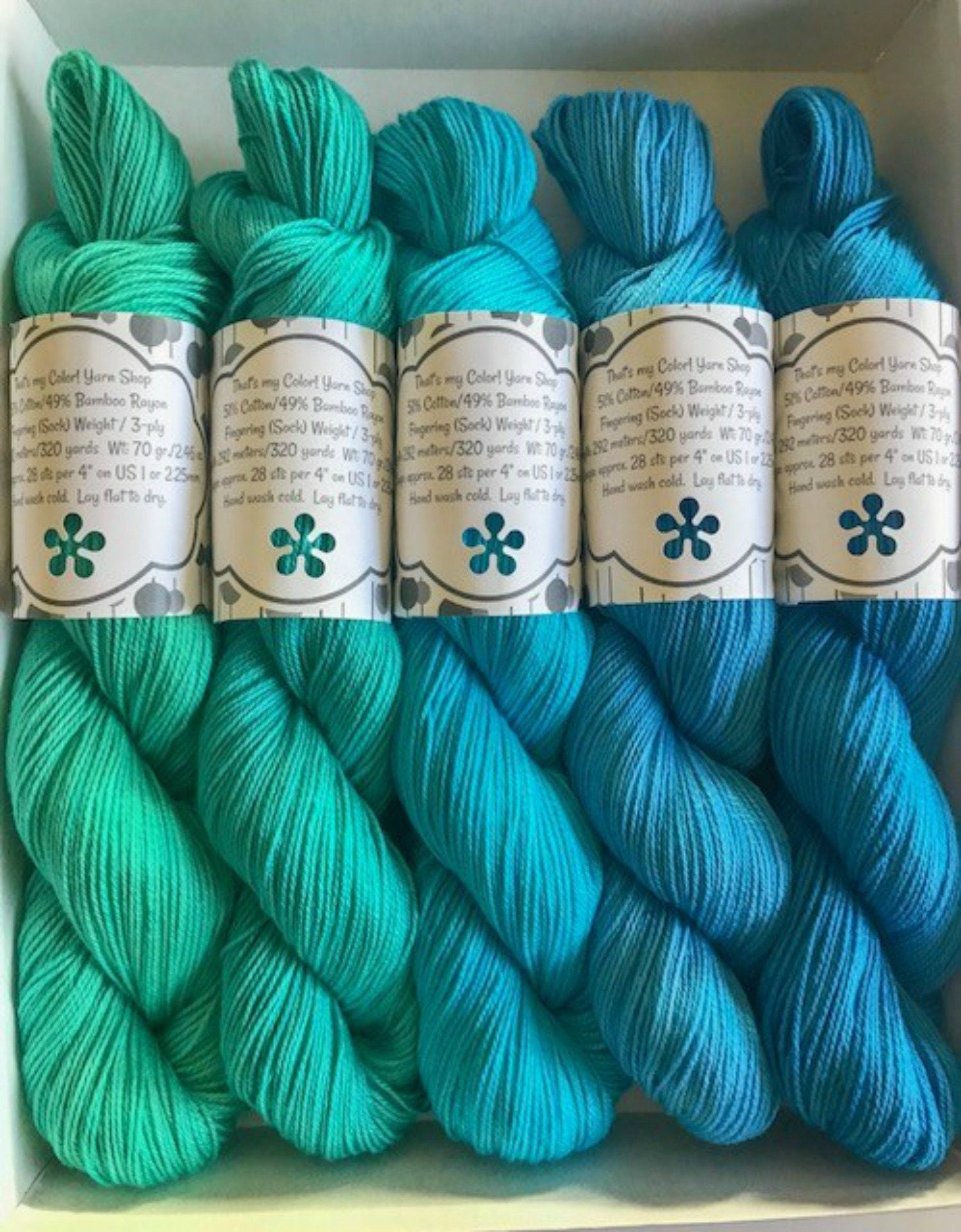 Vegan Yarn Kit - Teal Blue Gradient - Hand Dyed - Fingering / Sock Weight - Semi Solids - 5 320 yd Hanks - Soft Bamboo Cotton - Artisan Yarn