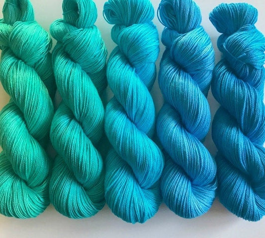 Vegan Yarn Kit - Teal Blue Gradient - Hand Dyed - Fingering / Sock Weight - Semi Solids - 5 320 yd Hanks - Soft Bamboo Cotton - Artisan Yarn