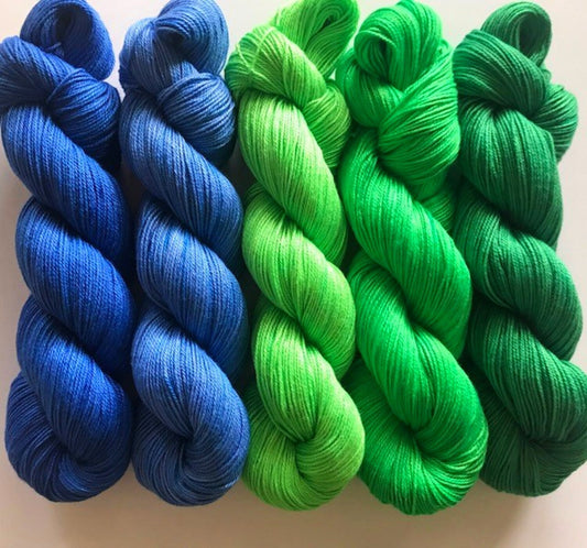 Vegan Yarn Kit - Hand Dyed - Green and Blue Gradient - Sock / Fingering Weight - (5) 320 yd Skeins - Bamboo Cotton Semi Solids / Tonals