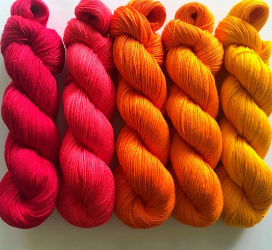 Vegan Yarn Kit - Hand Dyed Red and Orange Gradient - Sock / Fingering Weight - Bamboo Cotton Blend - Artisan Tonal Yarn - Indie Dyed Fiber