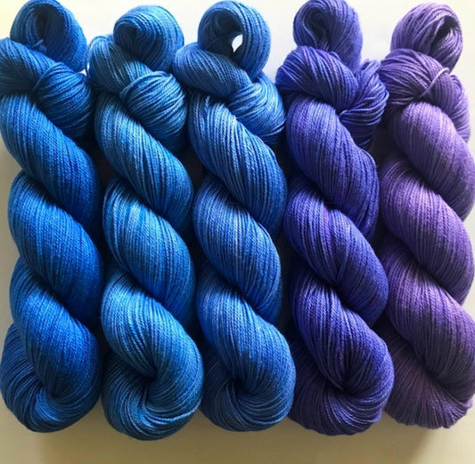 Vegan Yarn Kit - Fingering / Sock Weight - Hand Dyed Bamboo Cotton - Blues and Purples - 5 320-yd Skeins - Shawl and Sock Fiber - 3 Ply