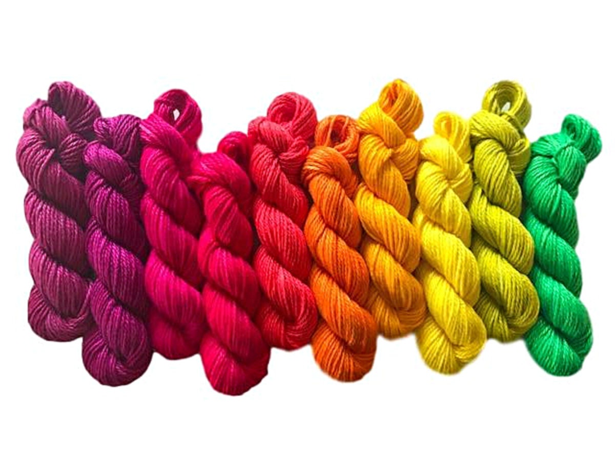 Vegan Yarn Mini Skein Kit - Hand Dyed DK / Light Worsted Bamboo Cotton - (10) 53 yd Skeins in Bright Semi Solids - 3 Ply Ultra Soft Yarn
