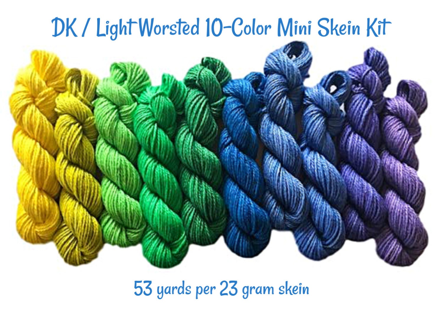 Vegan Yarn Kit - Hand Dyed - DK / Light Worsted - 10 Mini Skeins - Bamboo Cotton Soft Baby Yarn - 3 Ply Artisan Fiber - Semi Solid Gradient