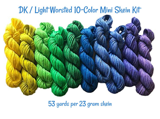 Vegan Yarn Kit - Hand Dyed - DK / Light Worsted - 10 Mini Skeins - Bamboo Cotton Soft Baby Yarn - 3 Ply Artisan Fiber - Semi Solid Gradient