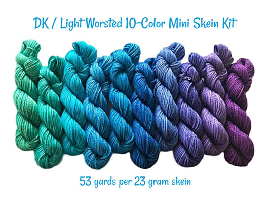 Hand Dyed Yarn 10 Color Mini Skein Kit - Vegan Fiber - DK Light Worsted - 3 Ply Soft Baby Yarn - Bamboo Cotton Semisolid - (10) 53 Yd Skeins
