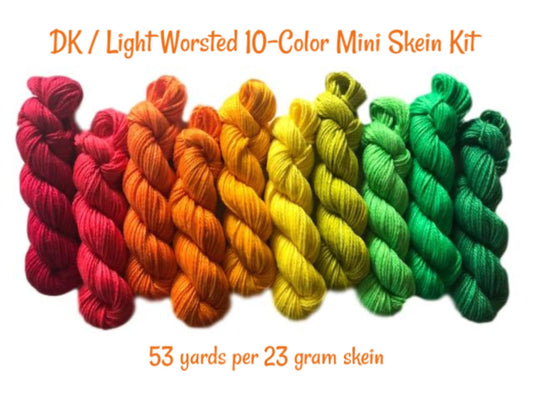 Hand Dyed Rainbow Fiber Set - Vegan (Bamboo Cotton) - Ten 53 yd DK / Light Worsted Mini Skeins - Semi Solids / Tonals - 3 Ply Baby / Sport