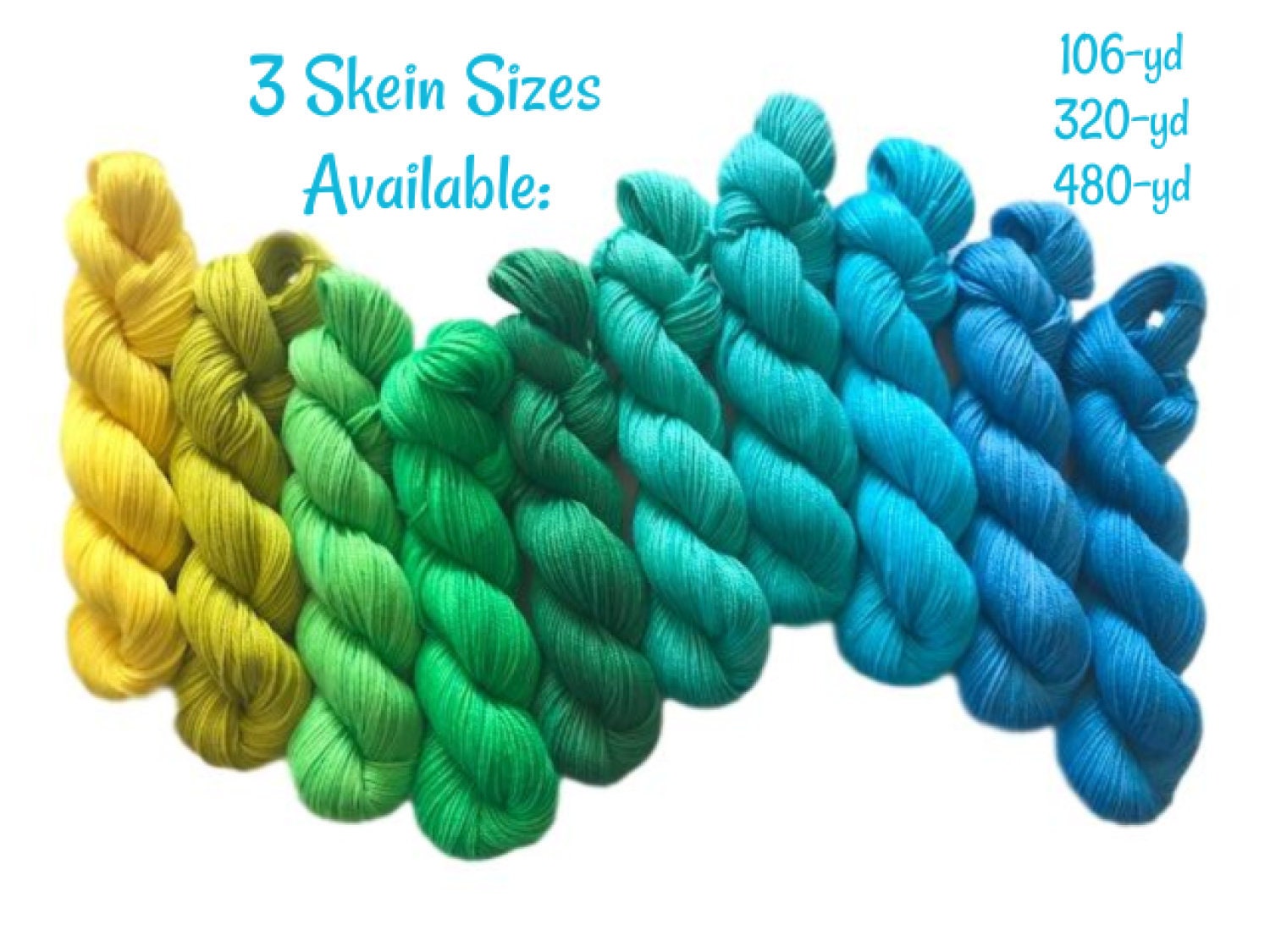 Vegan Gradient Yarn Kit - Hand Dyed Bamboo Cotton - Fingering / Sock Weight - Yellow Green Teal Turquoise Semi Solid - 3 Ply Knitting Thread