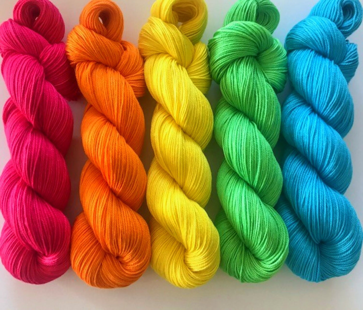 Vegan Yarn Kit - Hand Dyed Fingering /Sock Weight - Bamboo Cotton - Neon Rainbow - 3 Ply - Five 320-yd Skeins - Semi Solid Indie Dyed Fiber