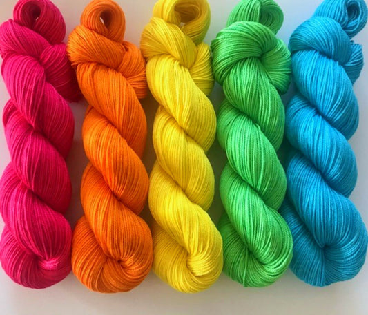 Vegan Yarn Kit - Hand Dyed Fingering /Sock Weight - Bamboo Cotton - Neon Rainbow - 3 Ply - Five 320-yd Skeins - Semi Solid Indie Dyed Fiber