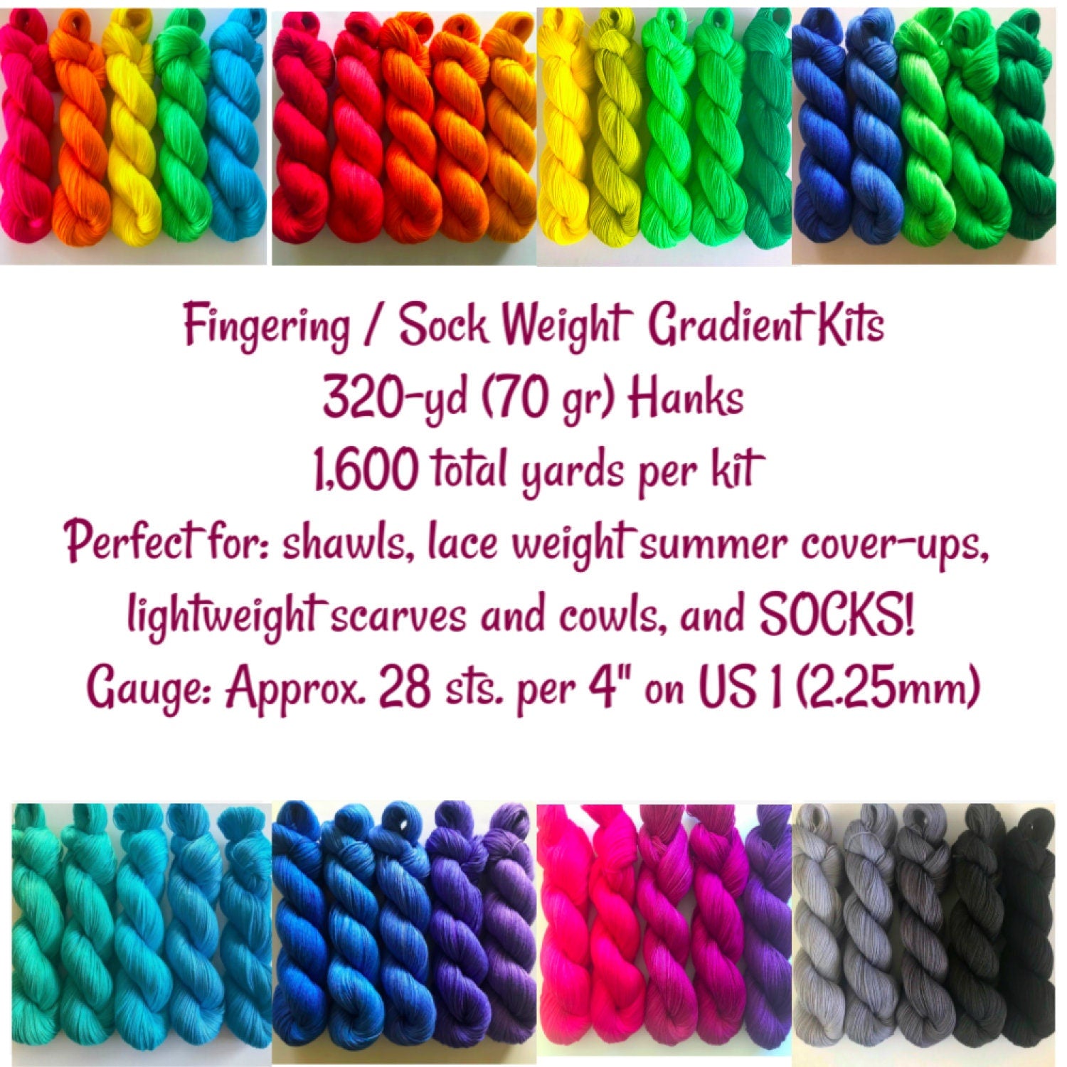 Hand Dyed Vegan Yarn Kits - Fingering / Sock Weight Bamboo Cotton Base - Choose Your Colors - 320 Yds/Hank - 1600 Yds/Kit - Indie Dyed Fiber