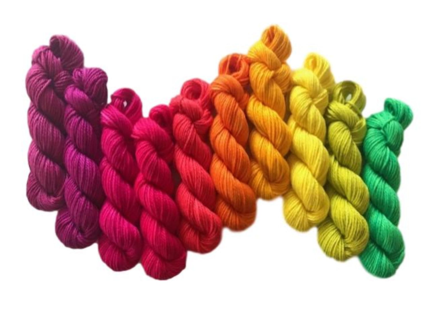 Vegan Yarn Mini Skein Kit - Hand Dyed DK / Light Worsted Bamboo Cotton - (10) 53 yd Skeins in Bright Semi Solids - 3 Ply Ultra Soft Yarn