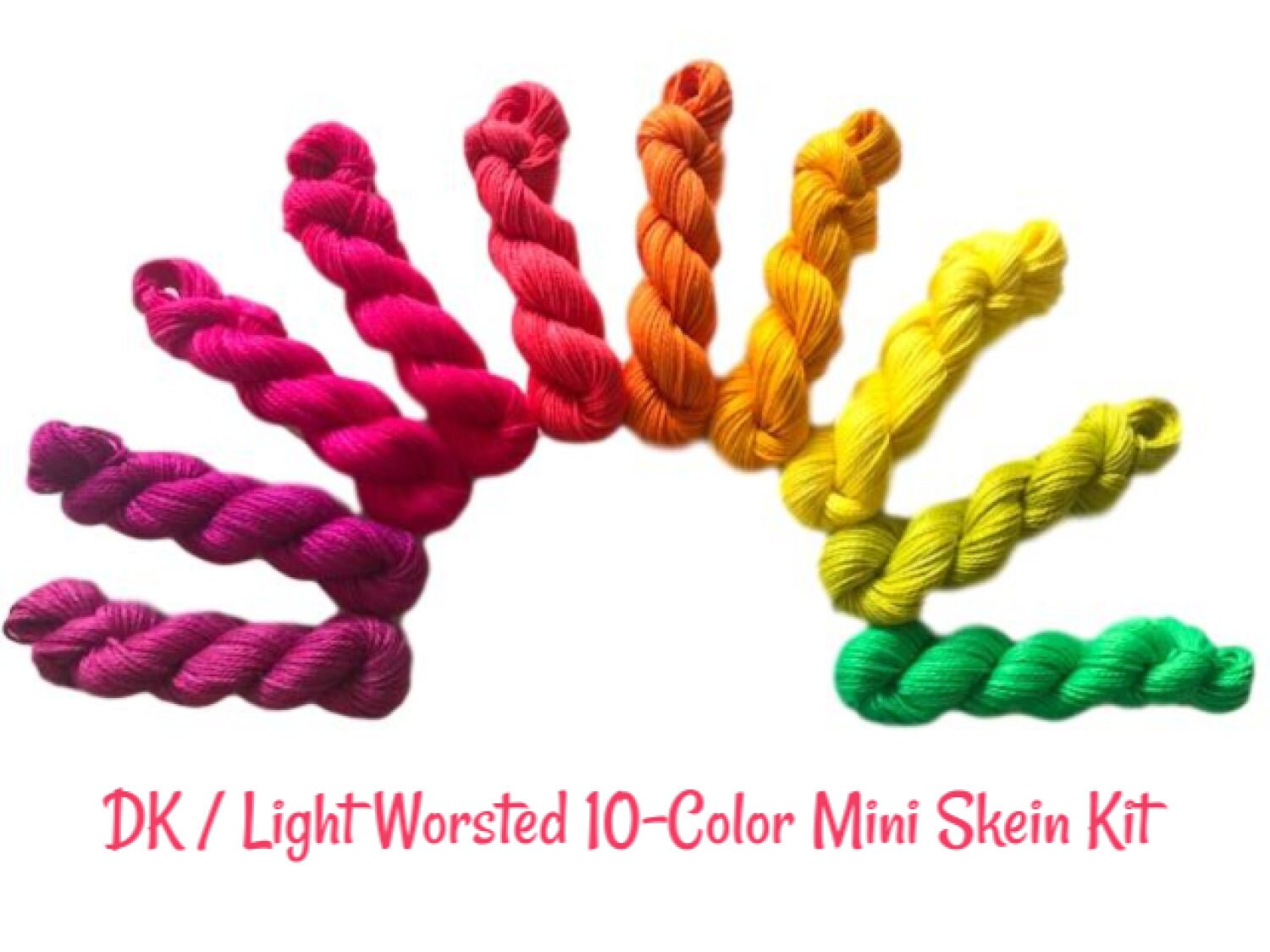 Vegan Yarn Mini Skein Kit - Hand Dyed DK / Light Worsted Bamboo Cotton - (10) 53 yd Skeins in Bright Semi Solids - 3 Ply Ultra Soft Yarn