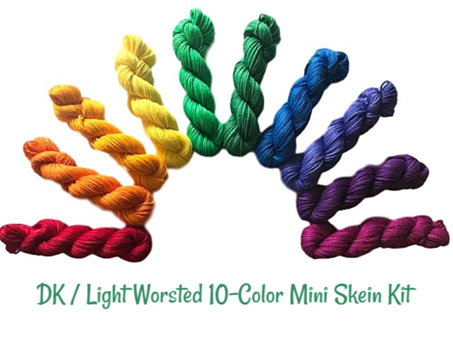 Vegan Yarn Kit - Hand Dyed Rainbow Fiber Set - DK / Light Worsted Bamboo Cotton Semi Solids - (10) 53 yd skeins - 3 Ply Artisan Baby Yarn