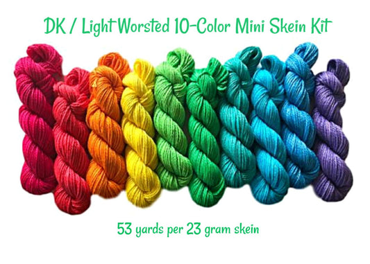 Rainbow Vegan Yarn Kit - DK Hand Dyed Semi Solid Mini Skeins - 10 Colors (53 yd skeins) - Bamboo Cotton Artisan Tonal Yarn - 3 Ply Sport Wt