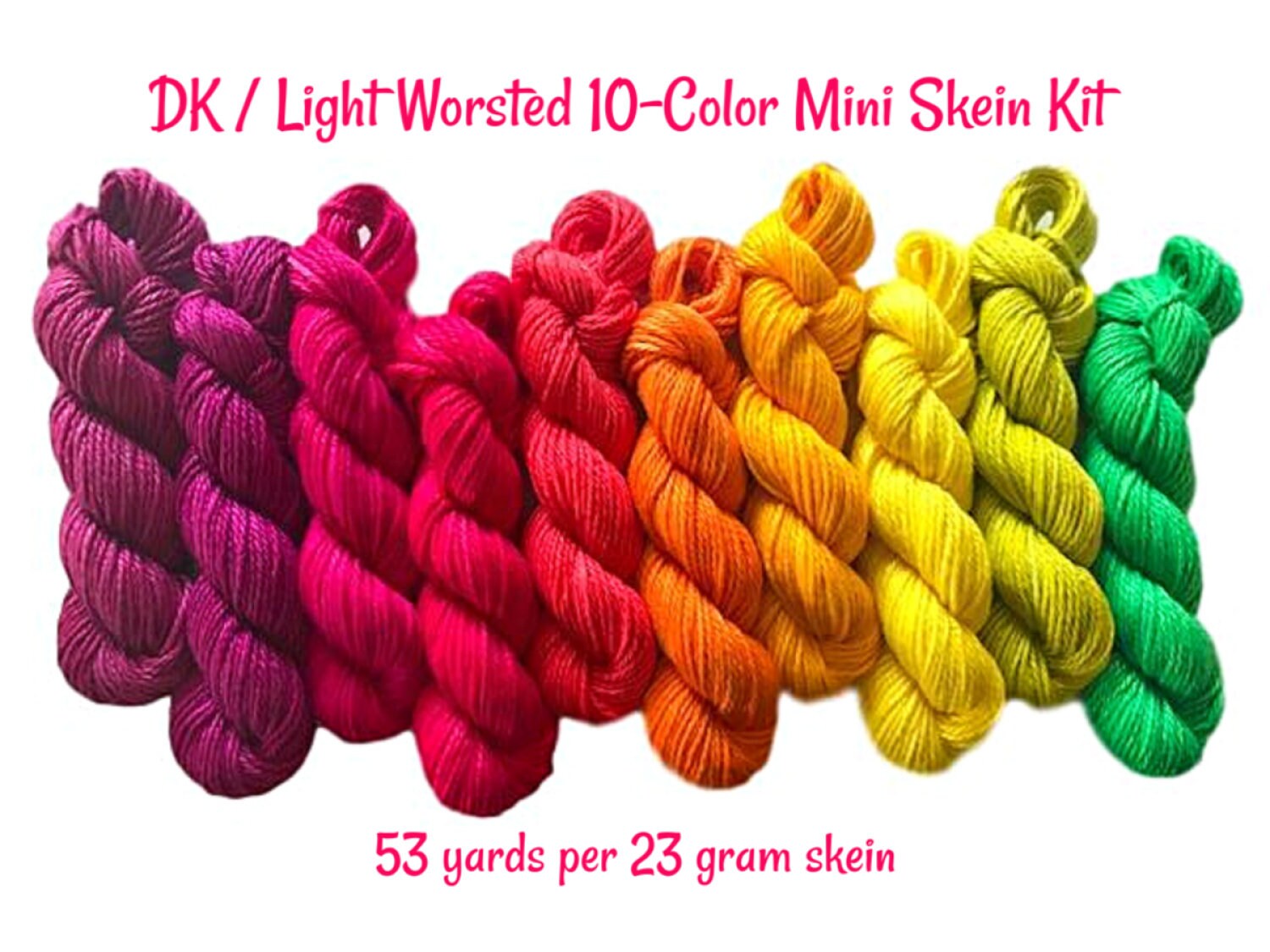 Vegan Yarn Mini Skein Kit - Hand Dyed DK / Light Worsted Bamboo Cotton - (10) 53 yd Skeins in Bright Semi Solids - 3 Ply Ultra Soft Yarn