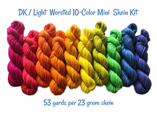 Rainbow Yarn Kit - Vegan / Hand Dyed - (10) 53 yd Mini Skeins - Bamboo Cotton DK - 3 Ply Baby Soft Yarn - Semi Solid / Tonal Artisan Fiber