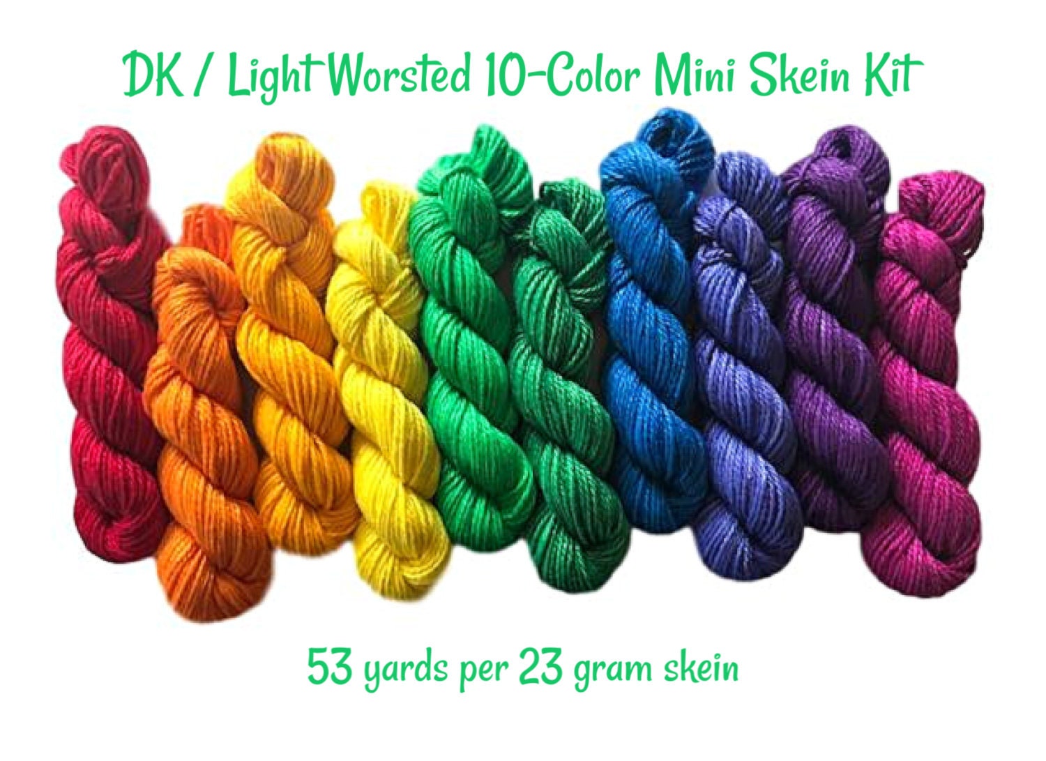 Vegan Yarn Kit - Hand Dyed Rainbow Fiber Set - DK / Light Worsted Bamboo Cotton Semi Solids - (10) 53 yd skeins - 3 Ply Artisan Baby Yarn