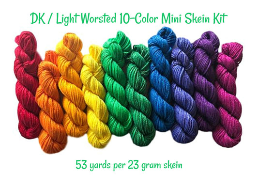 Vegan Yarn Kit - Hand Dyed Rainbow Fiber Set - DK / Light Worsted Bamboo Cotton Semi Solids - (10) 53 yd skeins - 3 Ply Artisan Baby Yarn