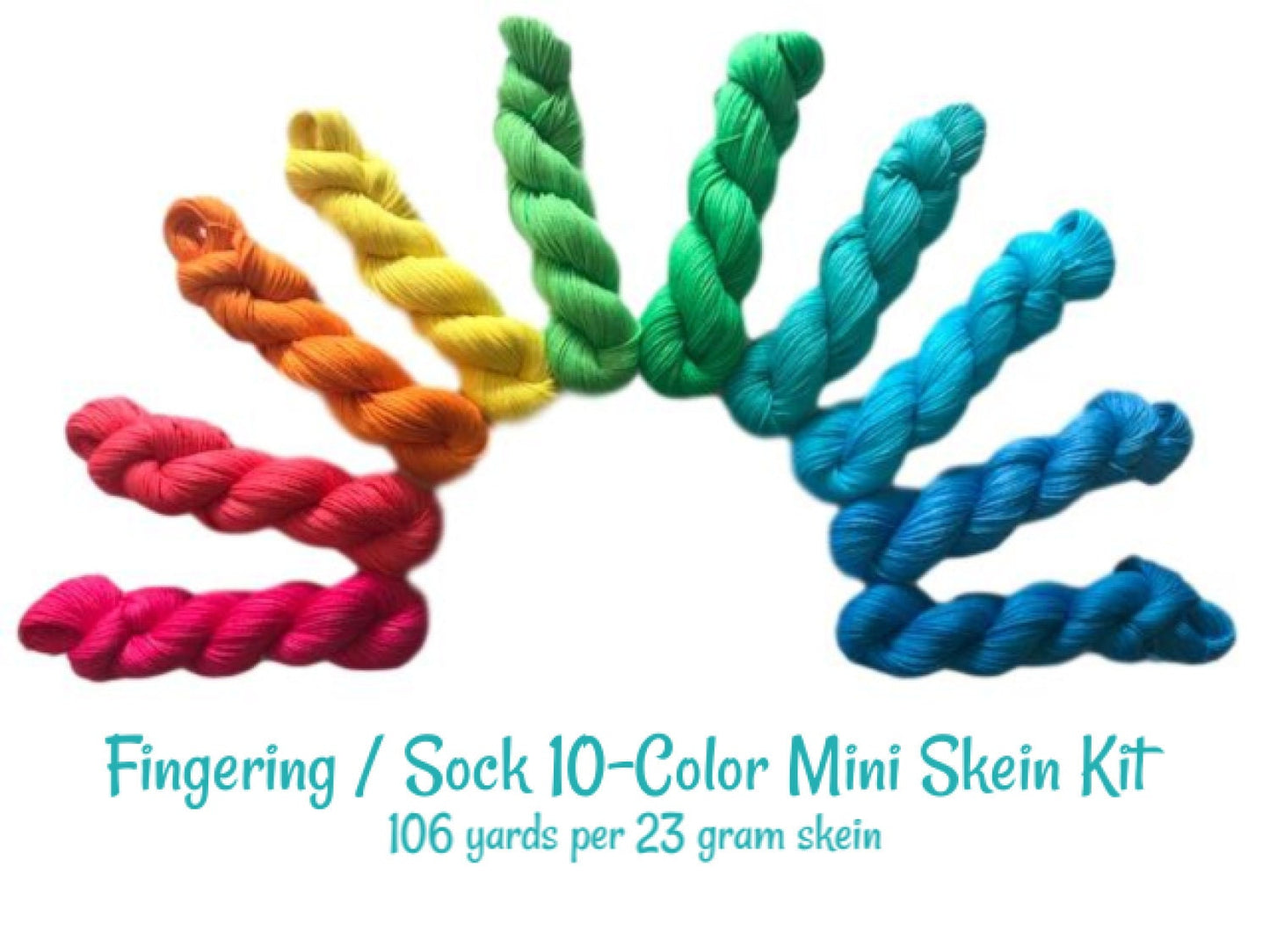 Hand Dyed Vegan Yarn Kit - Neon Rainbow - Fingering / Sock Wt Thread - Bamboo Cotton Blend - 3 Ply Soft Artisan Fiber - Semi Solids / Tonals