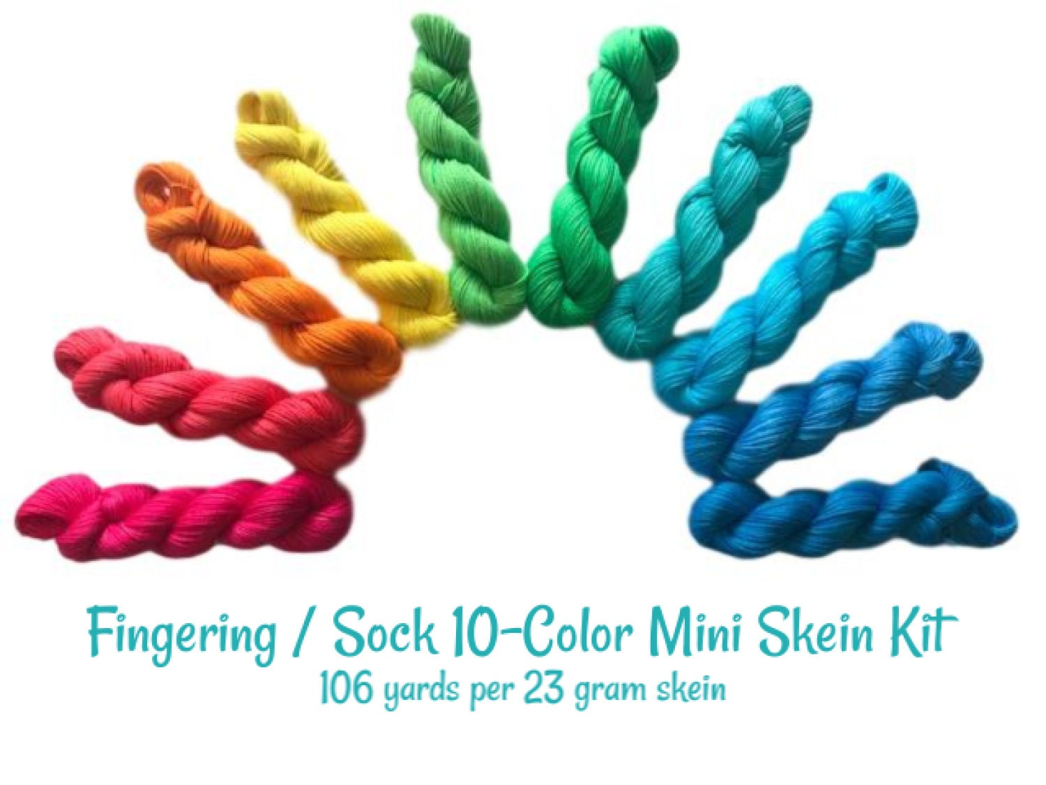 Hand Dyed Vegan Yarn Kit - Neon Rainbow - Fingering / Sock Wt Thread - Bamboo Cotton Blend - 3 Ply Soft Artisan Fiber - Semi Solids / Tonals