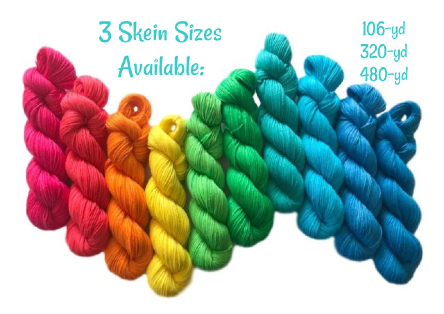 Hand Dyed Vegan Yarn Kit - Neon Rainbow - Fingering / Sock Wt Thread - Bamboo Cotton Blend - 3 Ply Soft Artisan Fiber - Semi Solids / Tonals