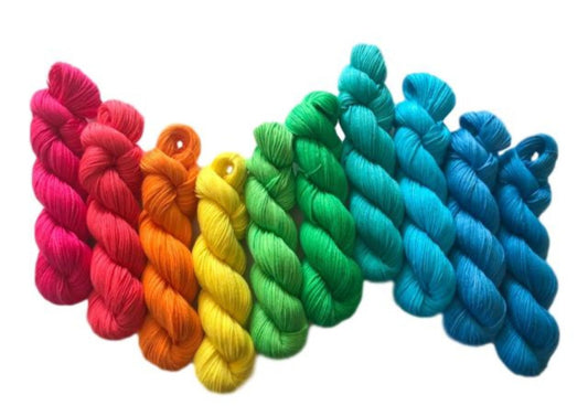 Hand Dyed Vegan Yarn Kit - Neon Rainbow - Fingering / Sock Wt Thread - Bamboo Cotton Blend - 3 Ply Soft Artisan Fiber - Semi Solids / Tonals