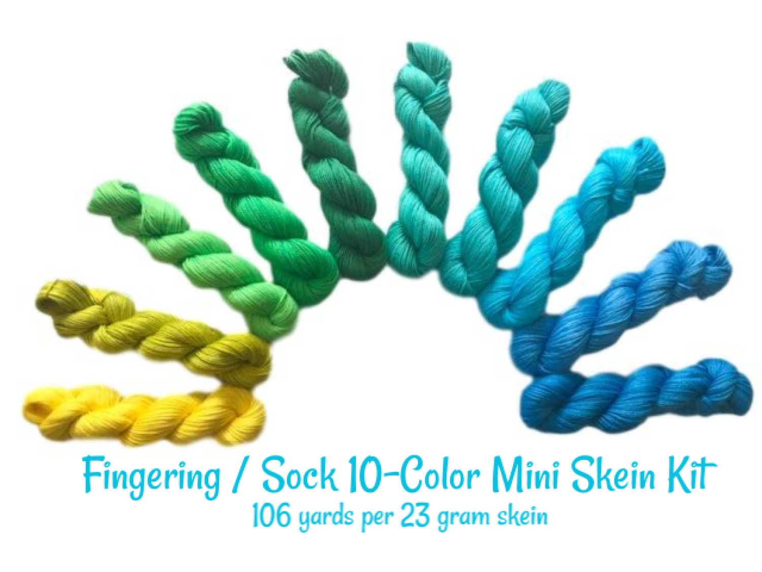 Vegan Gradient Yarn Kit - Hand Dyed Bamboo Cotton - Fingering / Sock Weight - Yellow Green Teal Turquoise Semi Solid - 3 Ply Knitting Thread