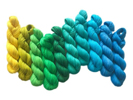 Vegan Gradient Yarn Kit - Hand Dyed Bamboo Cotton - Fingering / Sock Weight - Yellow Green Teal Turquoise Semi Solid - 3 Ply Knitting Thread