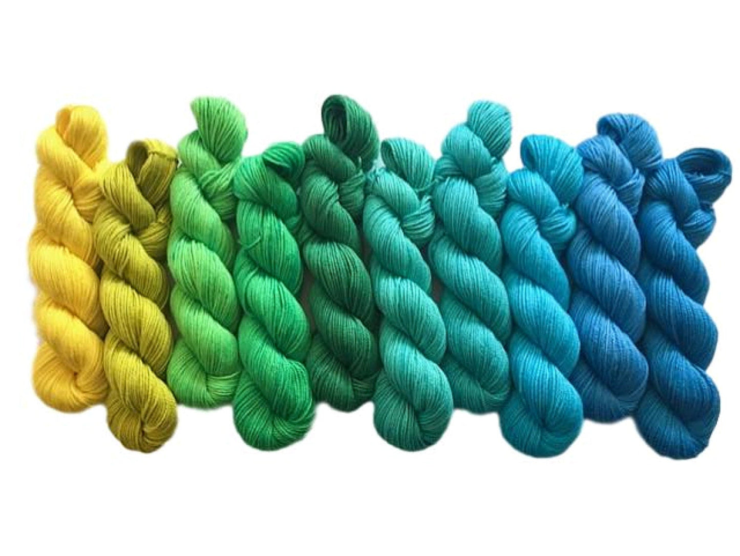 Vegan Gradient Yarn Kit - Hand Dyed Bamboo Cotton - Fingering / Sock Weight - Yellow Green Teal Turquoise Semi Solid - 3 Ply Knitting Thread