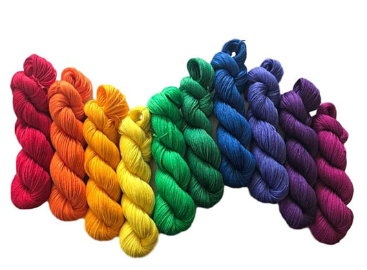 Rainbow Hand Dyed Yarn Kit - Vegan Fiber (Bamboo Cotton) - Fingering Wt Mini Skeins - Indie Dyed Artisan 3 Ply Fiber - Semi Solids & Tonals