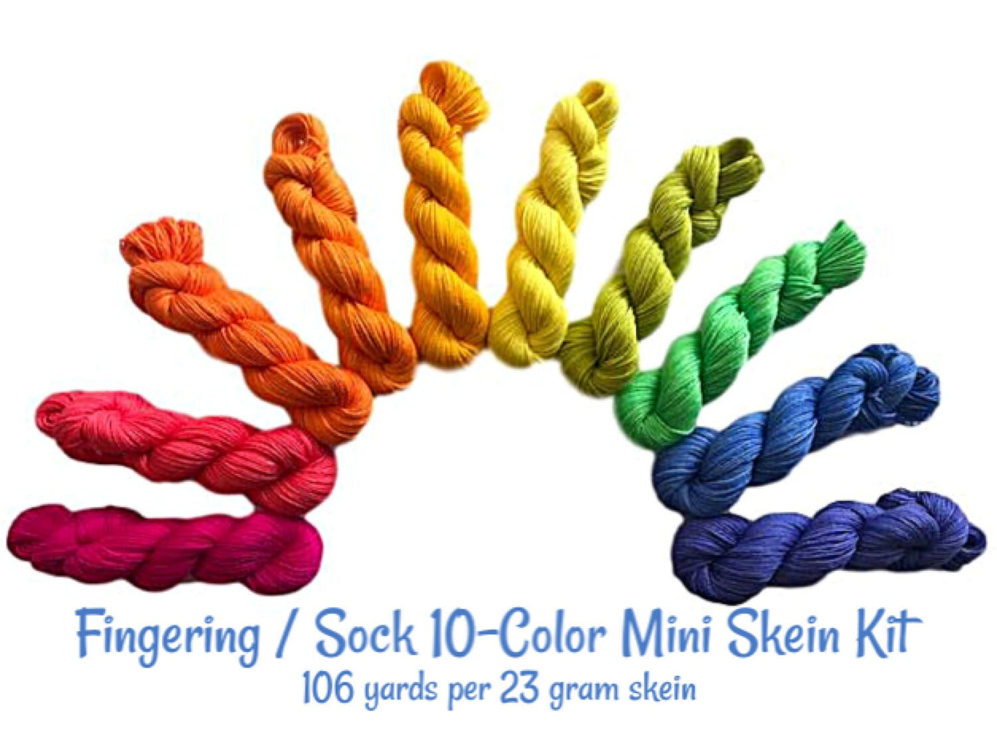 Rainbow Sock Yarn Kit (Vegan) - Fingering Weight Hand Dyed Bamboo Cotton - Semi Solid / Tonal Artisan Yarn - (10) 106 yd Mini Skeins - 3 Ply
