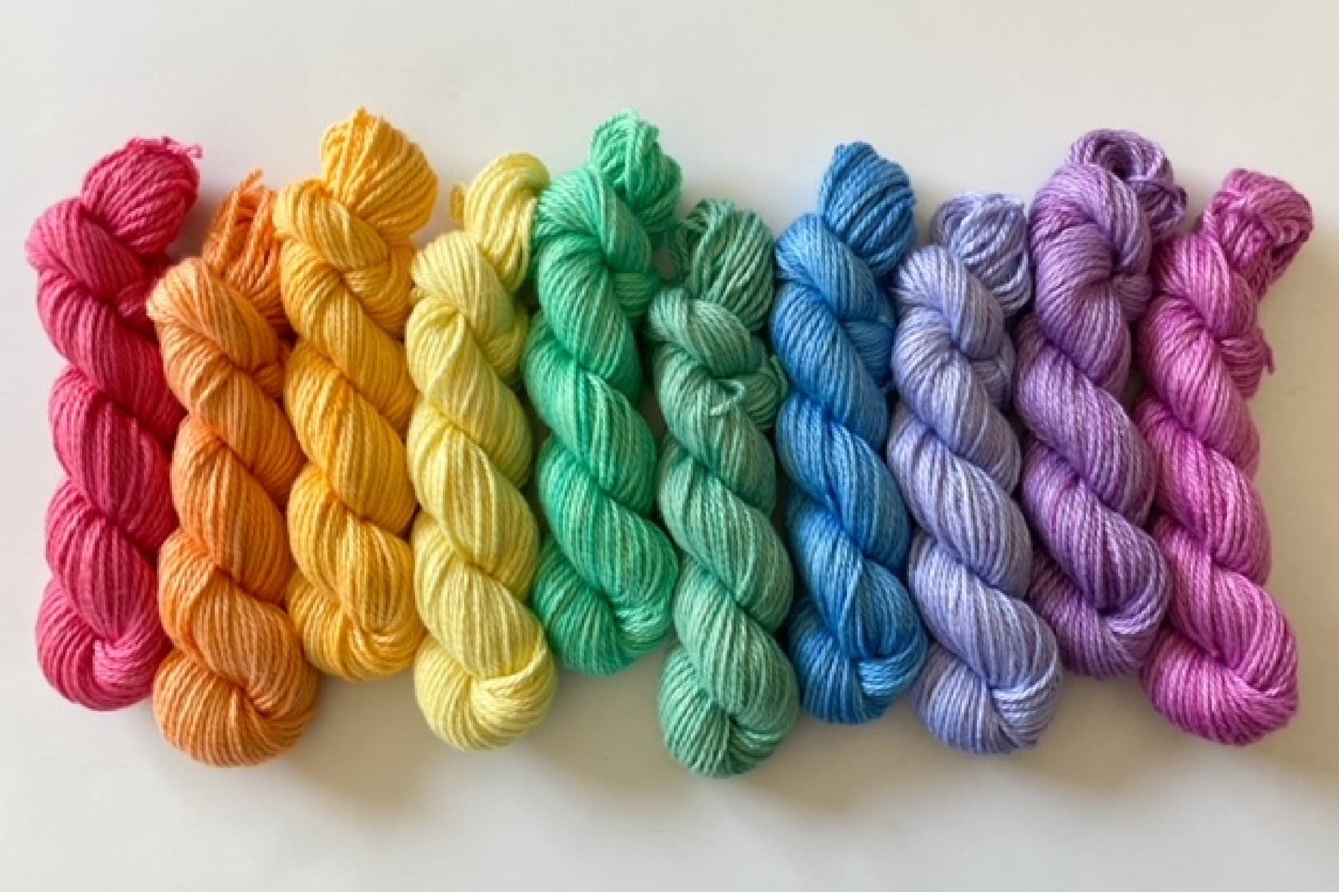 Rainbow Hand Dyed Vegan Yarn Kit - Pastels - "Mo's Rainbow" - 10 Color DK / Light Worsted Bamboo Cotton Mini Skein Set - 53 yds per skein
