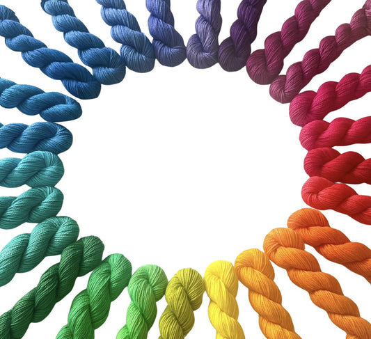 Vegan Hand Dyed 25 Color Rainbow Ultra Mini Skein Yarn Set | Fingering Wt Bamboo Cotton 50 yd Minis | 1,250 Total Yds | Semisolid Shawl Yarn