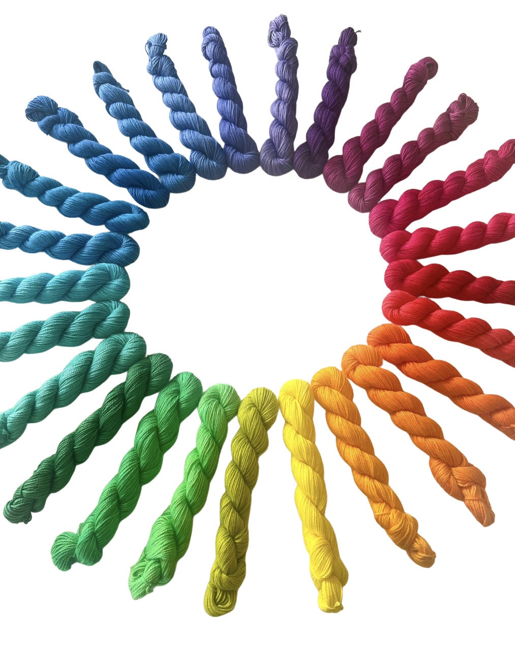 Vegan Hand Dyed 25 Color Rainbow Ultra Mini Skein Yarn Set | Fingering Wt Bamboo Cotton 50 yd Minis | 1,250 Total Yds | Semisolid Shawl Yarn