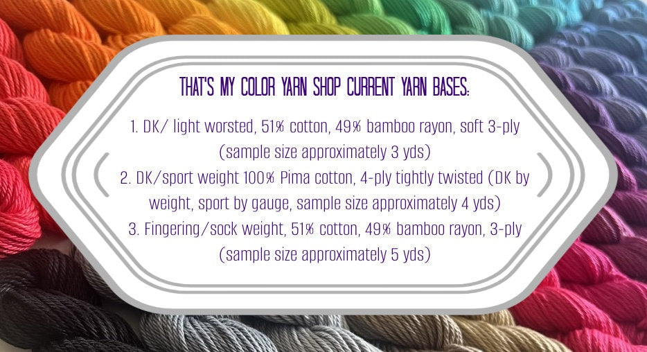 Hand Dyed Vegan Yarn Samples - 3 for 7.00 - Choose your color, receive a 3-5 yard sample on 3 different types of vegan fiber!